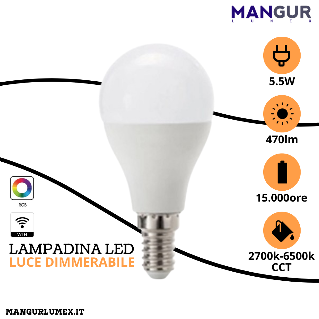 Lampadina Led Goccia WI-FI E14 5,5w=40w 470 Lumen RGB 2700k-6500k Dimmerabile