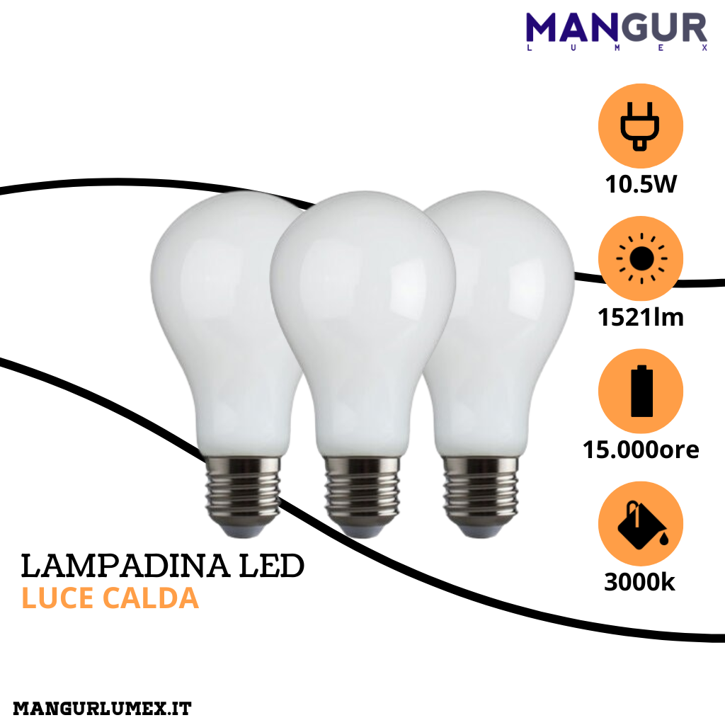 3 lampadine Led Filamento Bianco Goccia E27 10,5w 1521 Lumen 3000k Luce Calda Ø 60x108mm