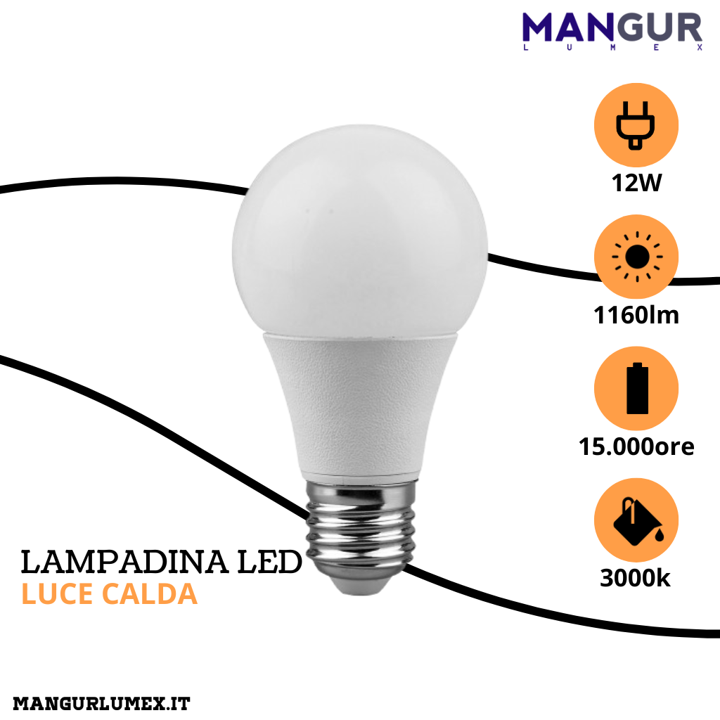 Lampadina Led Goccia E27 12w=81w 1160 Lumen 3000k Luce Calda Ø 60x110 mm