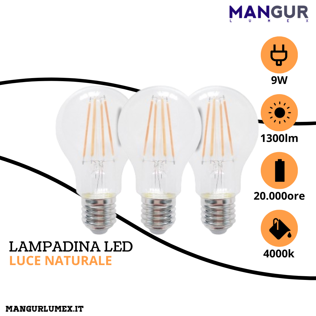 3 lampadine Led Filamento Goccia E27 9w=88w 1300 Lumen 4000k Luce Naturale Ø 60x105 mm