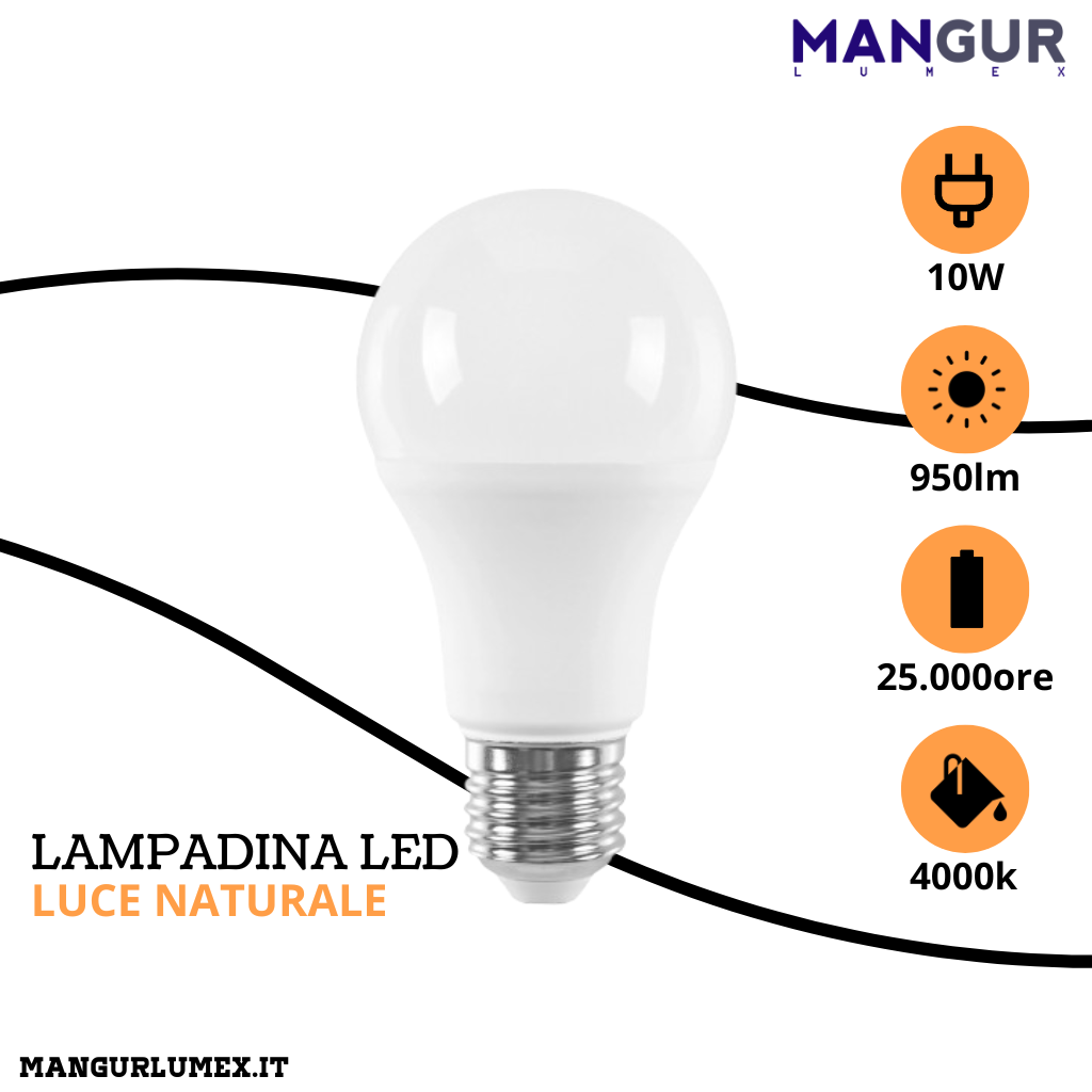 Lampadina Led Goccia E27 10w=60w 950 Lumen 4000k Luce Naturale Ø 60x118 mm Dimmerabile