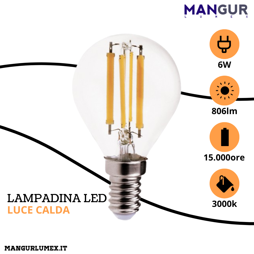 Lampadina Led Filamento Minisfera E14 6w=60w 806 lumen 3000k Luce Calda Ø 45x76 mm