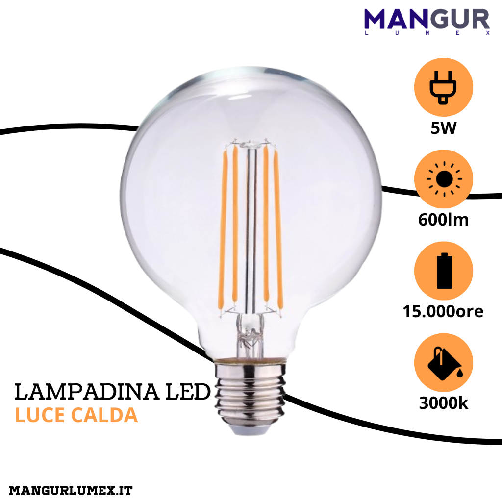 Lampadina Led Filamento E14 5w=60w 600 Lumen 3000k Luce Calda Ø 35x98 mm