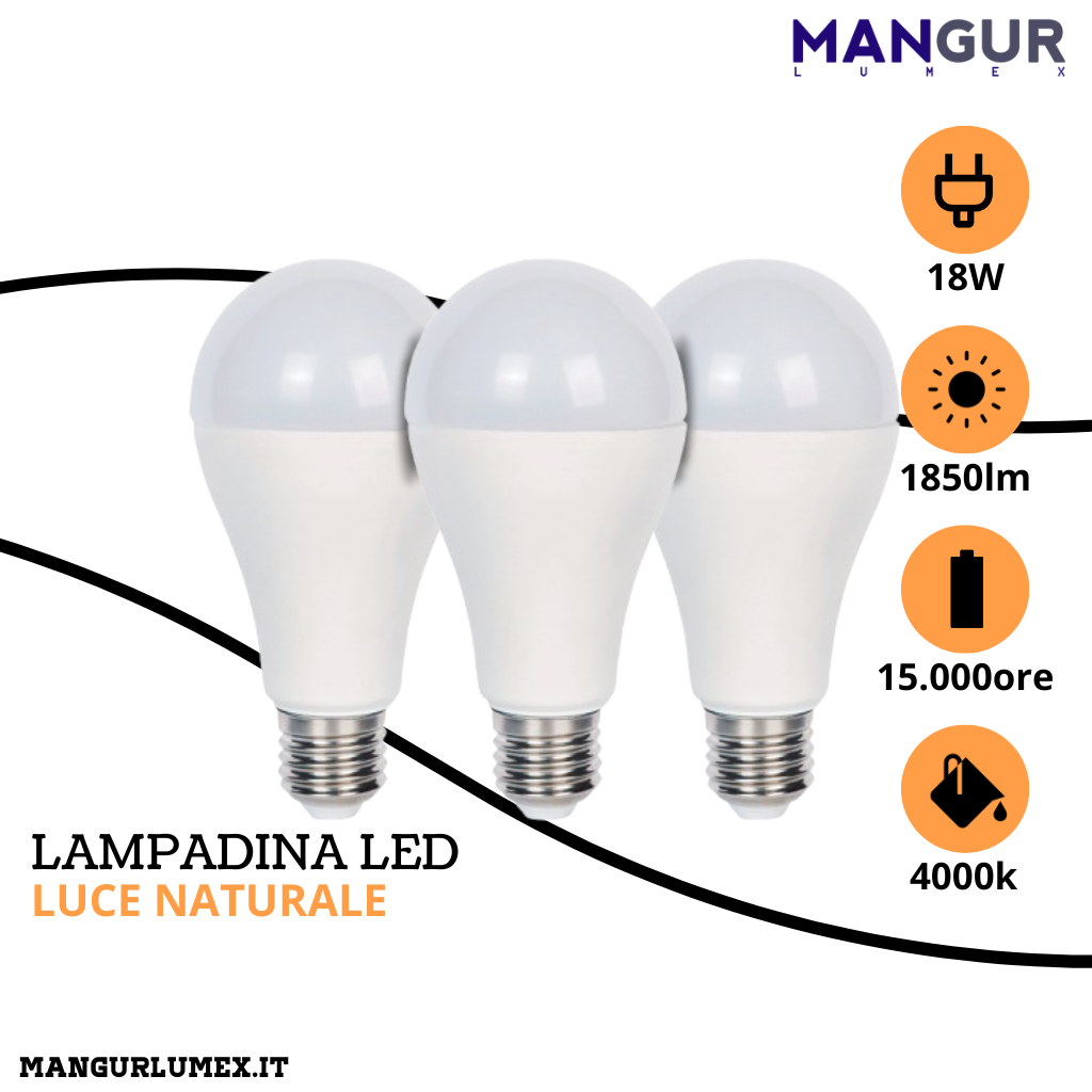 3 Lampadine Led Goccia E27 18w=112w 1850 Lumen 4000k Luce Naturale Ø 65x134 mm