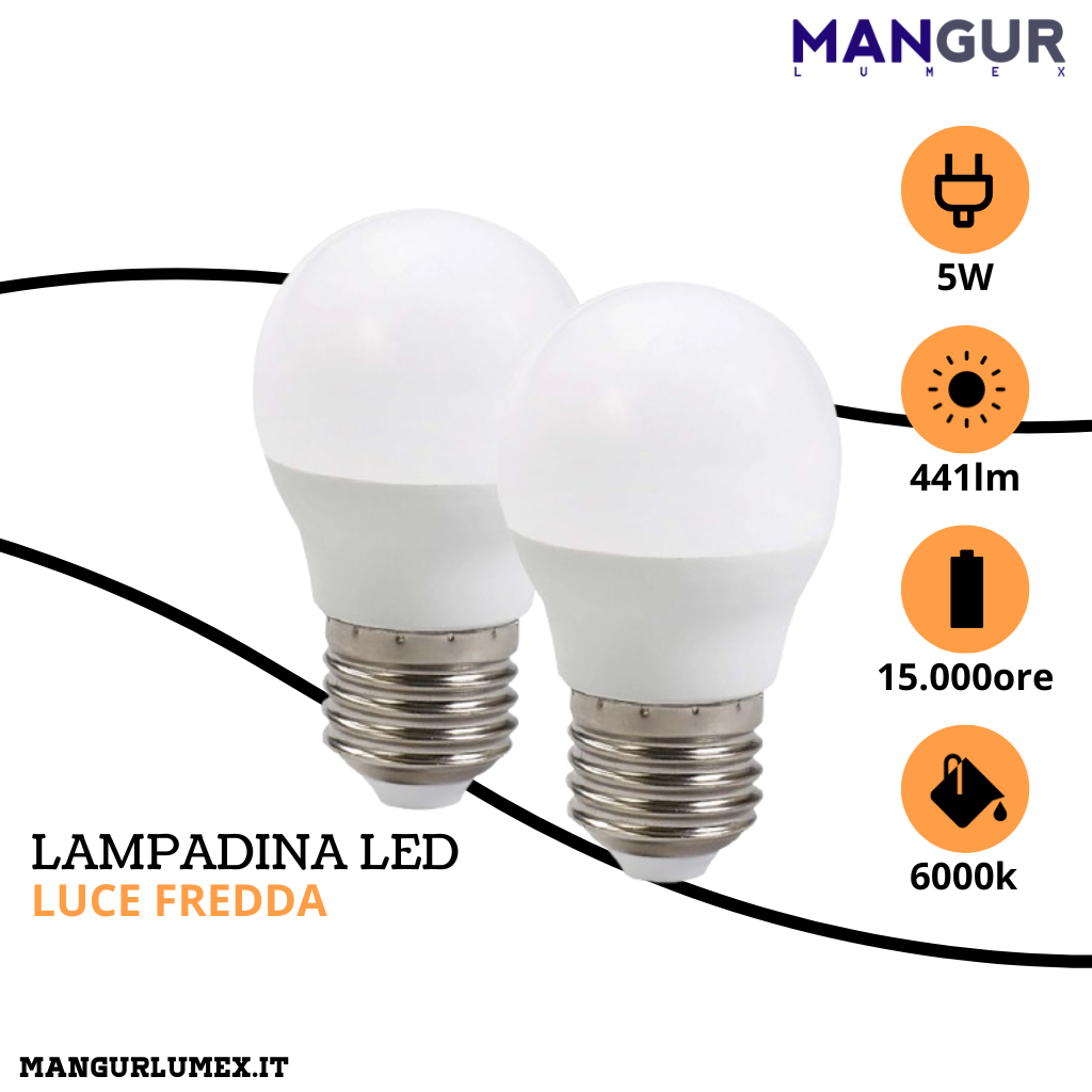 2 Lampadine Led Sfera E27 5w=40w 441 Lumen 6000k Luce Fredda Ø 45x80 mm