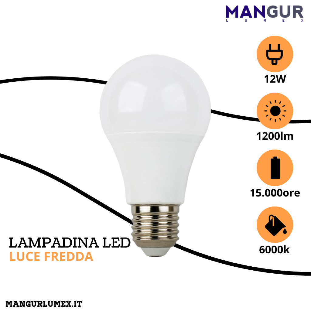 Lampadina Led Goccia E27 12w=83w 1200 Lumen 6000k Luce Fredda Ø 60x110 mm