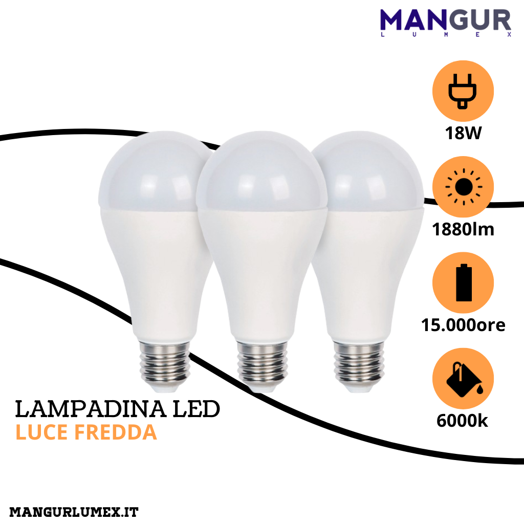 3 Lampadine Led Goccia E27 18w=115w 1880 Lumen 6000k Luce Fredda Ø 65x134 mm