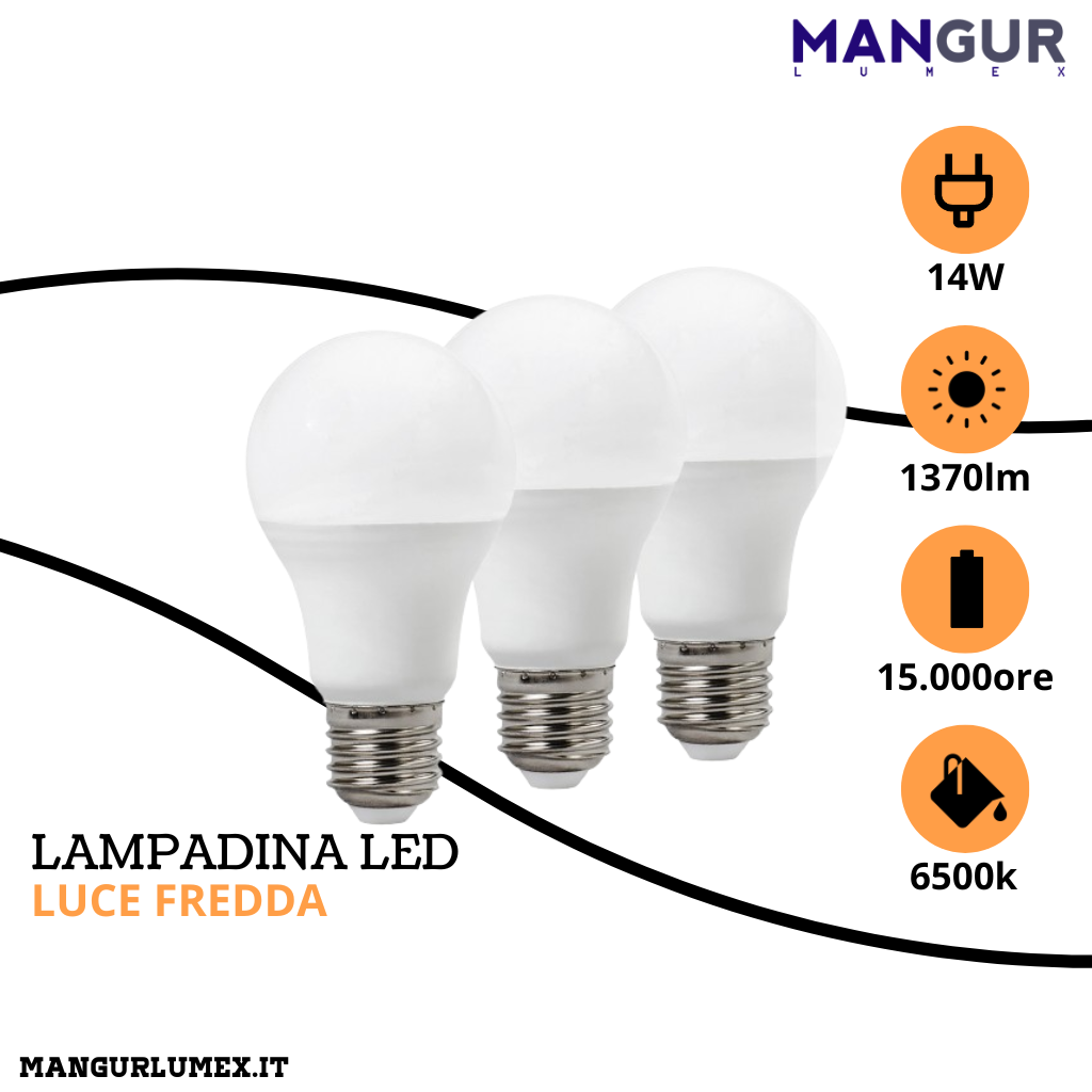 3 Lampadine Led Goccia E27 14w=108w 1370 Lumen 6500k Luce Fredda Ø 65x126 mm