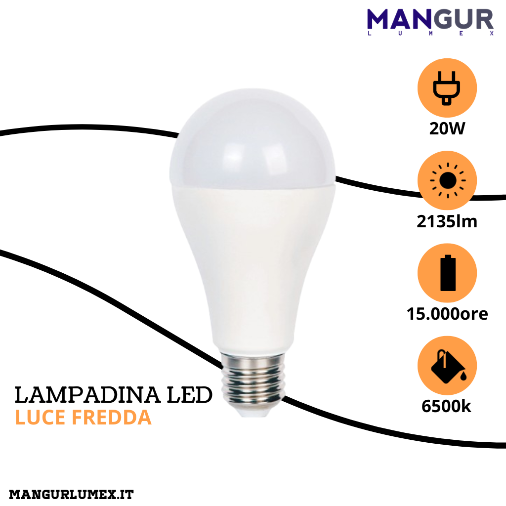Lampadina Led Goccia E27 20w=145w 2135 Lumen 6500k Luce Fredda Ø 67x135 mm