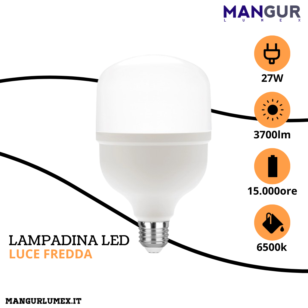 Lampadina Led E27 27w 3700 Lumen 6500k Luce Fredda Ø 100x168 mm