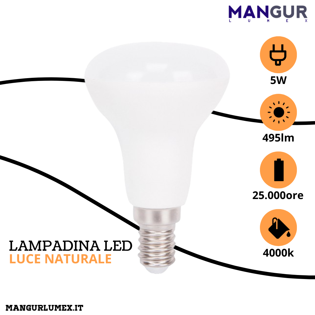 Lampadina Led E14 5w=42w 495 Lumen 4000k Luce Naturale Ø 50x83 mm