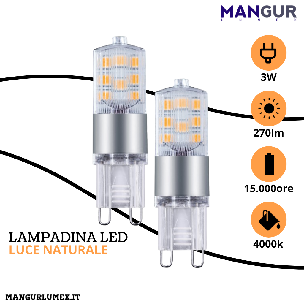 2 Lampadine Led G9 3w=25w 270 Lumen 4000k Luce Naturale Ø 16x55 mm