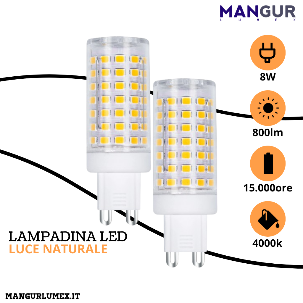 2 Lampadine Led G9 8w=60w 800 Lumen 4000k Luce Naturale