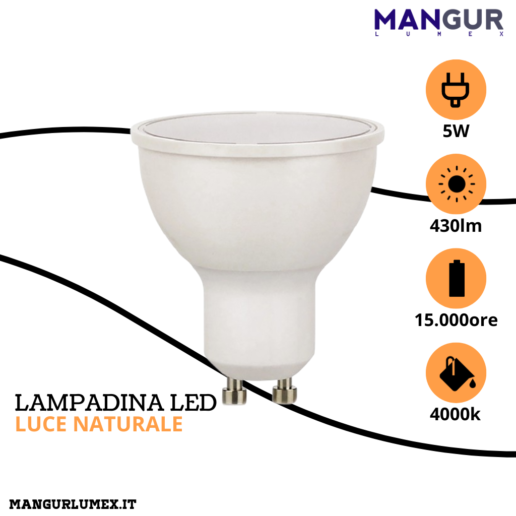 Lampadina Led GU10 5w=35w 430 Lumen 4000k Luce Naturale Ø 50x56 mm