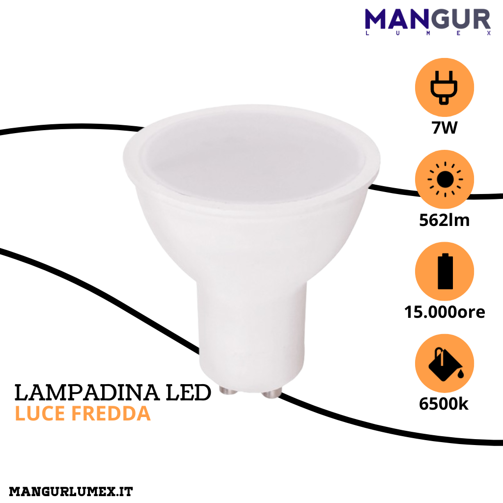 Lampadina Led GU10 7w=46w 562 Lumen 6500k Luce Fredda Ø 50x57 mm