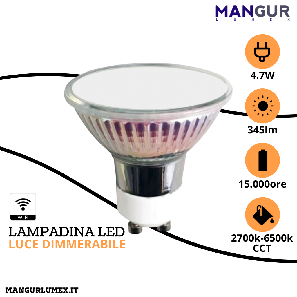 Lampadina Led GU10 WI-FI 4,7w=35w 345 Lumen 2700k-6500k Dimmerabile