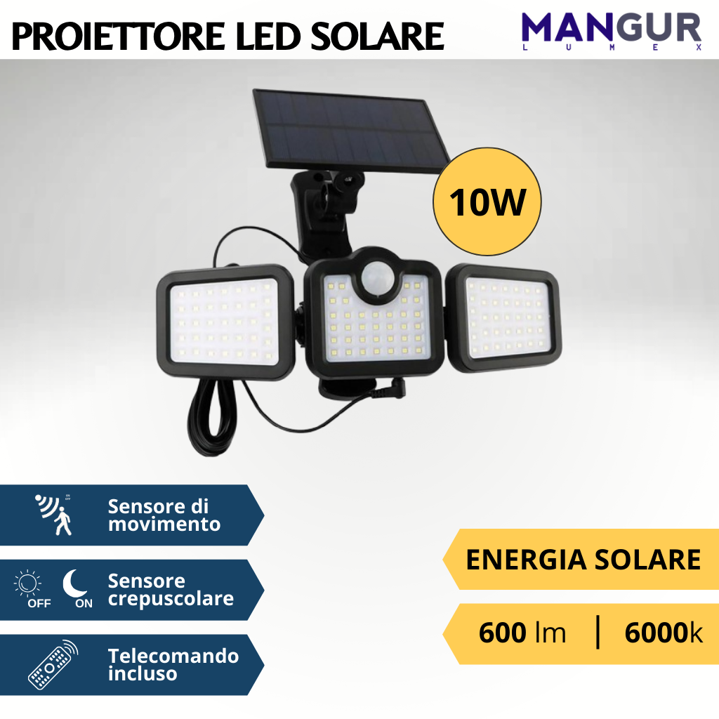 Proiettore Solare 10w 600 Lumen 6000k Luce Fredda Con Sensore Crepuscolare e di movimento ip65