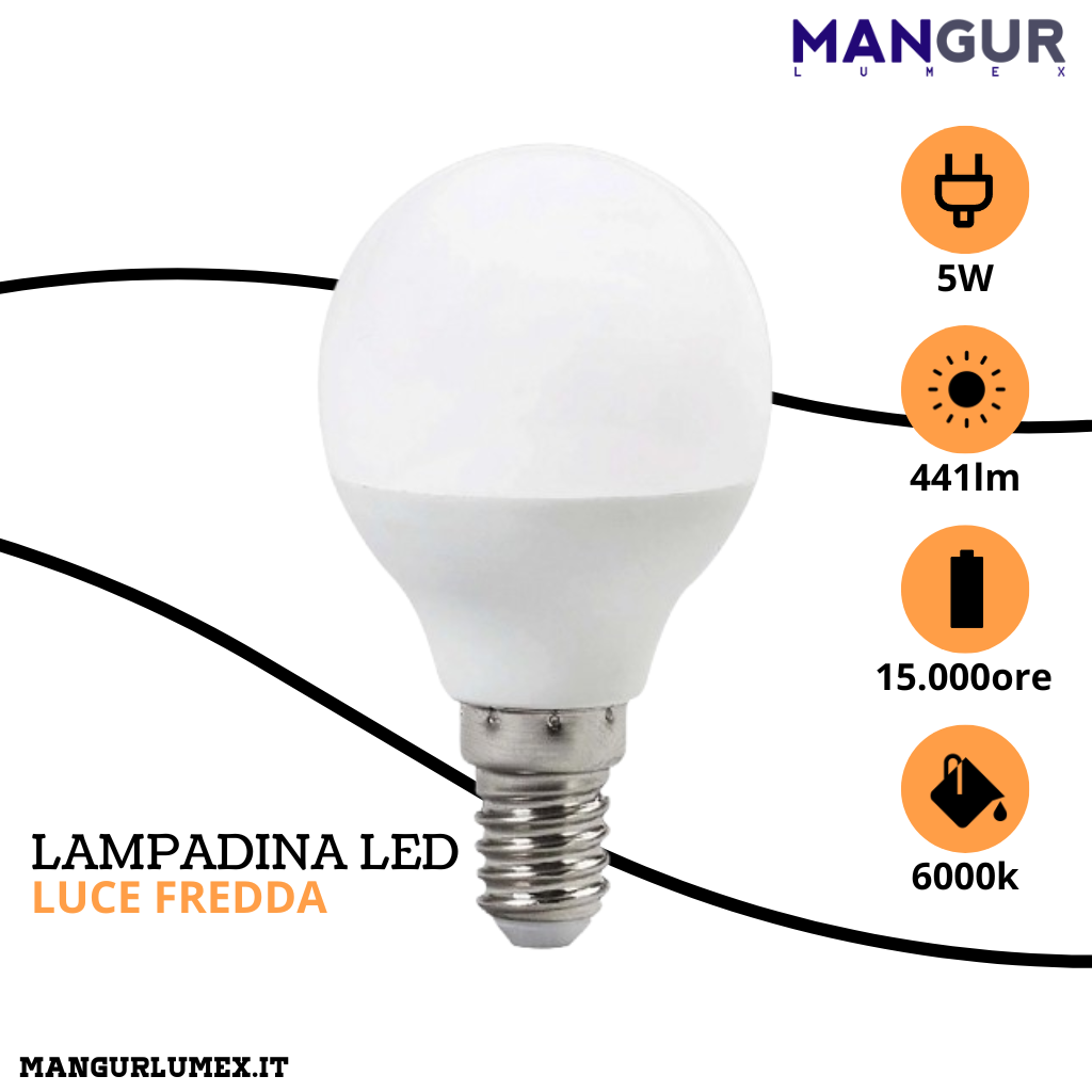 Lampadina Led Minisfera E14 5w=40w 441 Lumen 6000k Luce Fredda Ø 45x80 mm
