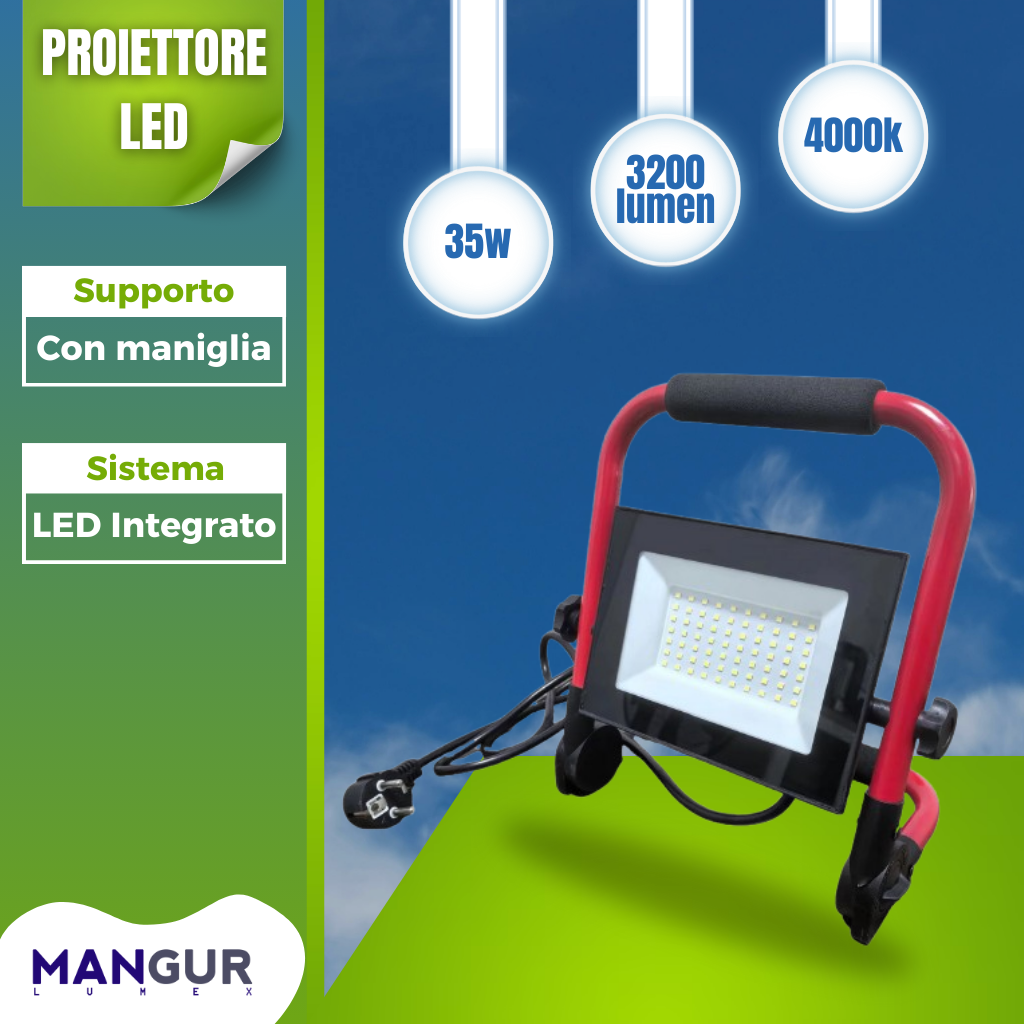 Proiettore LED 35w 3200 Lumen 4000k Luce Naturale con maniglia ip65