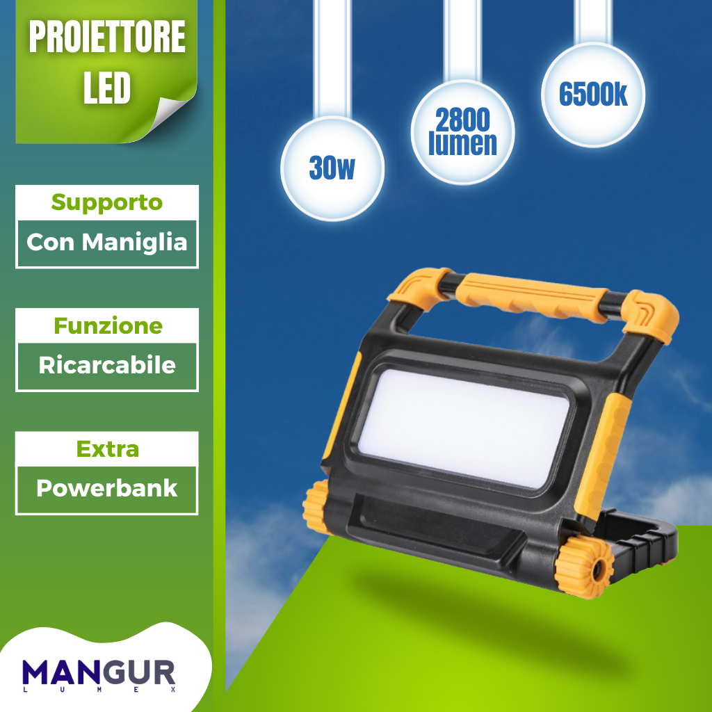 Proiettore LED 30w 2800 Lumen 6500k Luce Fredda con maniglia ricaricabile ip54 - Powerbank