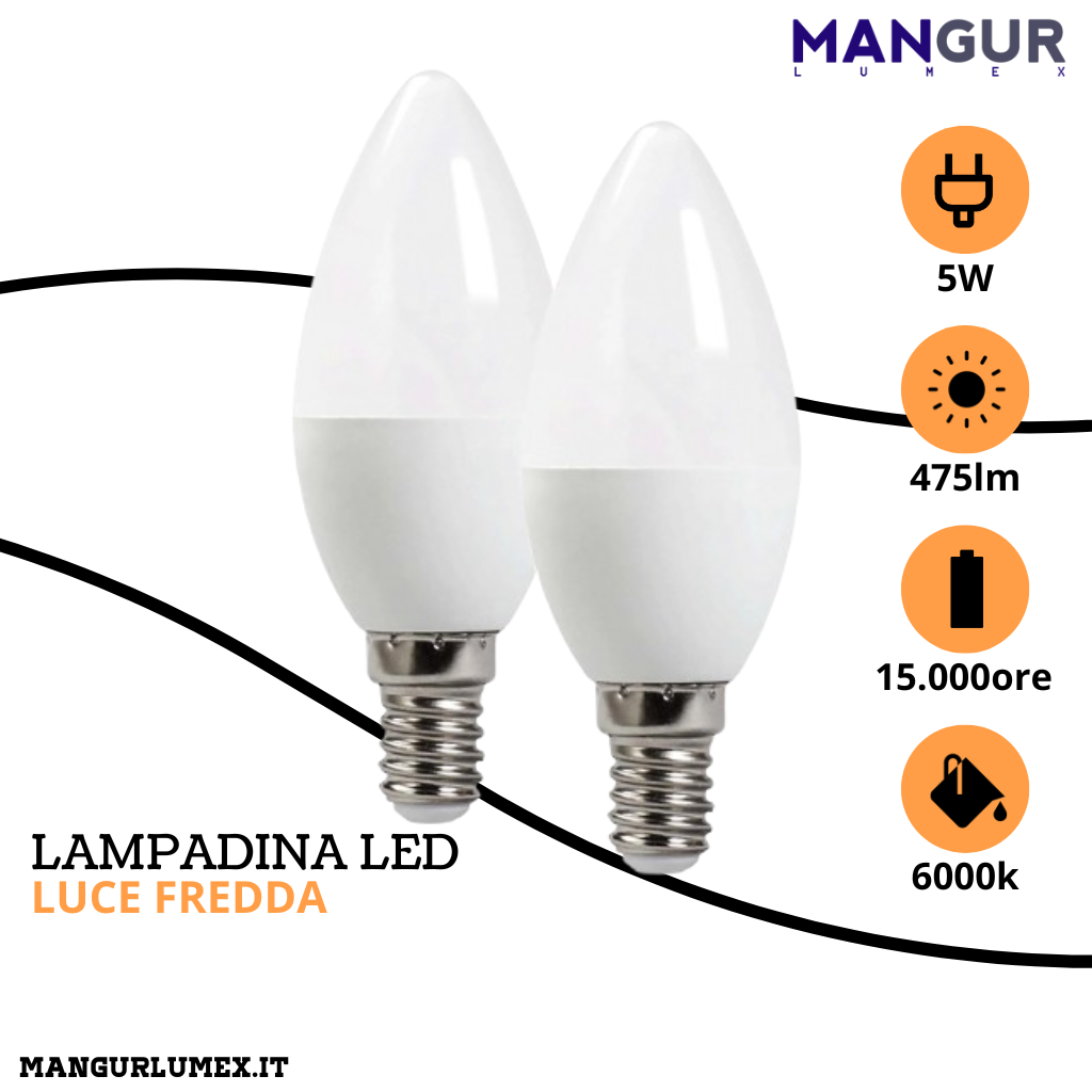 2 Lampadine Led oliva E14 5w=40w 475 Lumen 6000k Luce Fredda Ø 37x100 mm