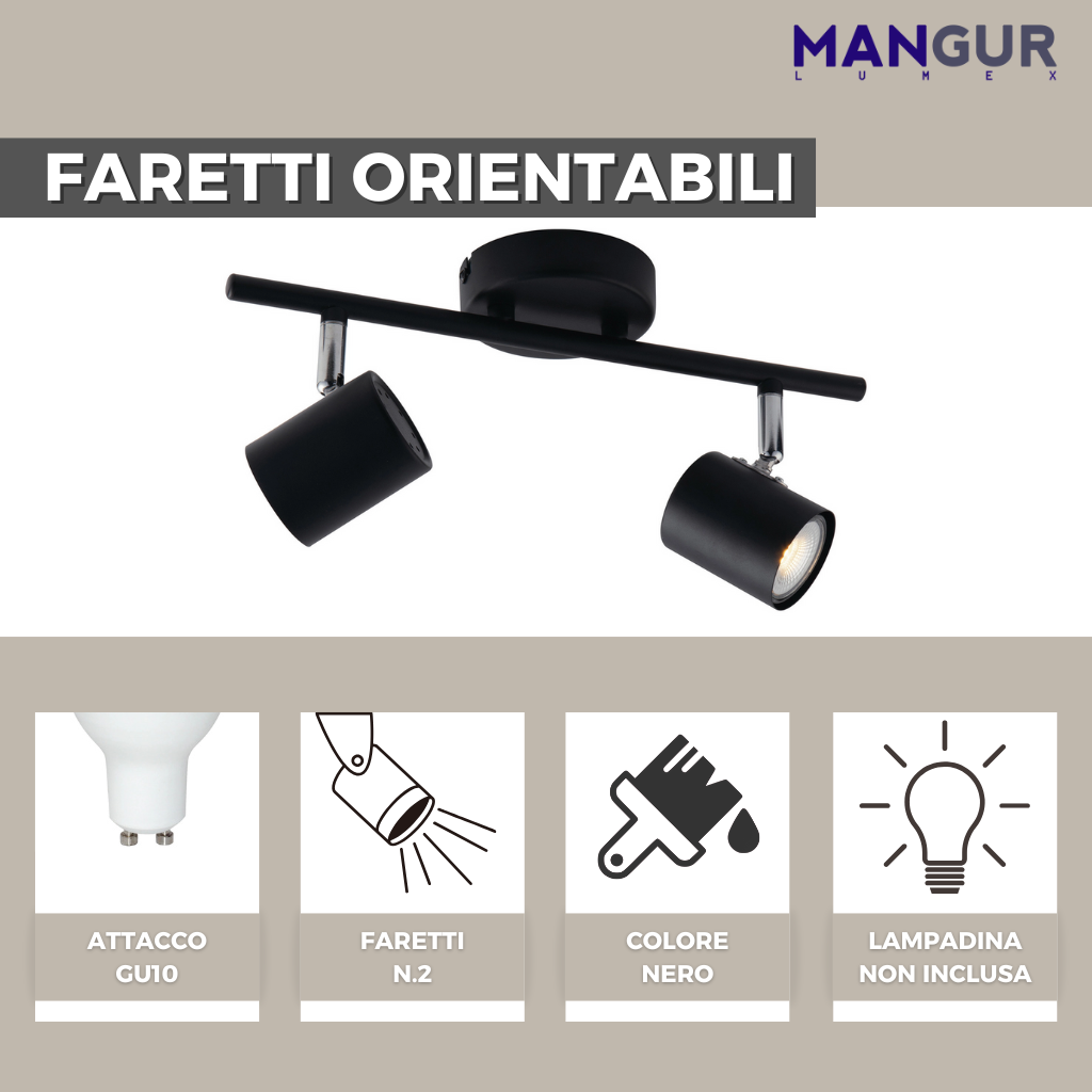 Barra 2 Faretti Orientabili Attacco GU10 Fino a 35w - Lampadine non incluse - 330x150 mm Nero