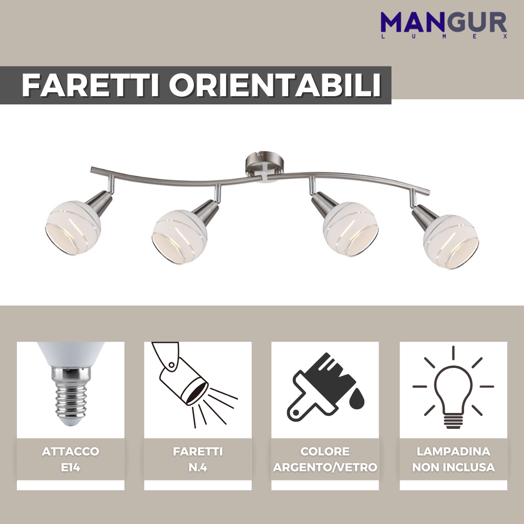 Barra 4 Faretti Orientabili Attacco E14 Fino a 16w - Lampadine non incluse - 700x315 mm Argento/Vetro