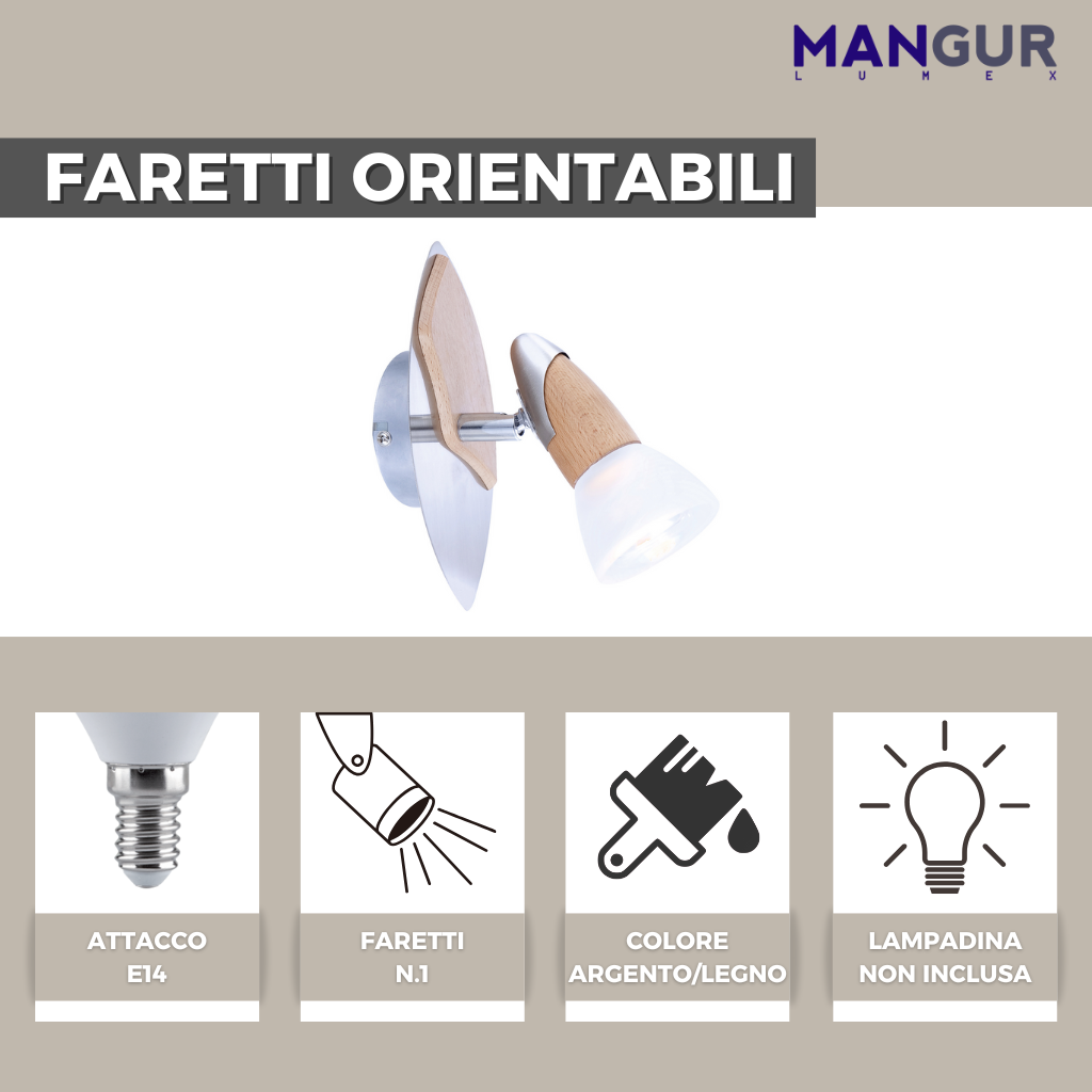 Faretto Singolo Orientabile Attacco E14 Fino a 40w - Lampadine non incluse - 95x200 mm Argento/Legno