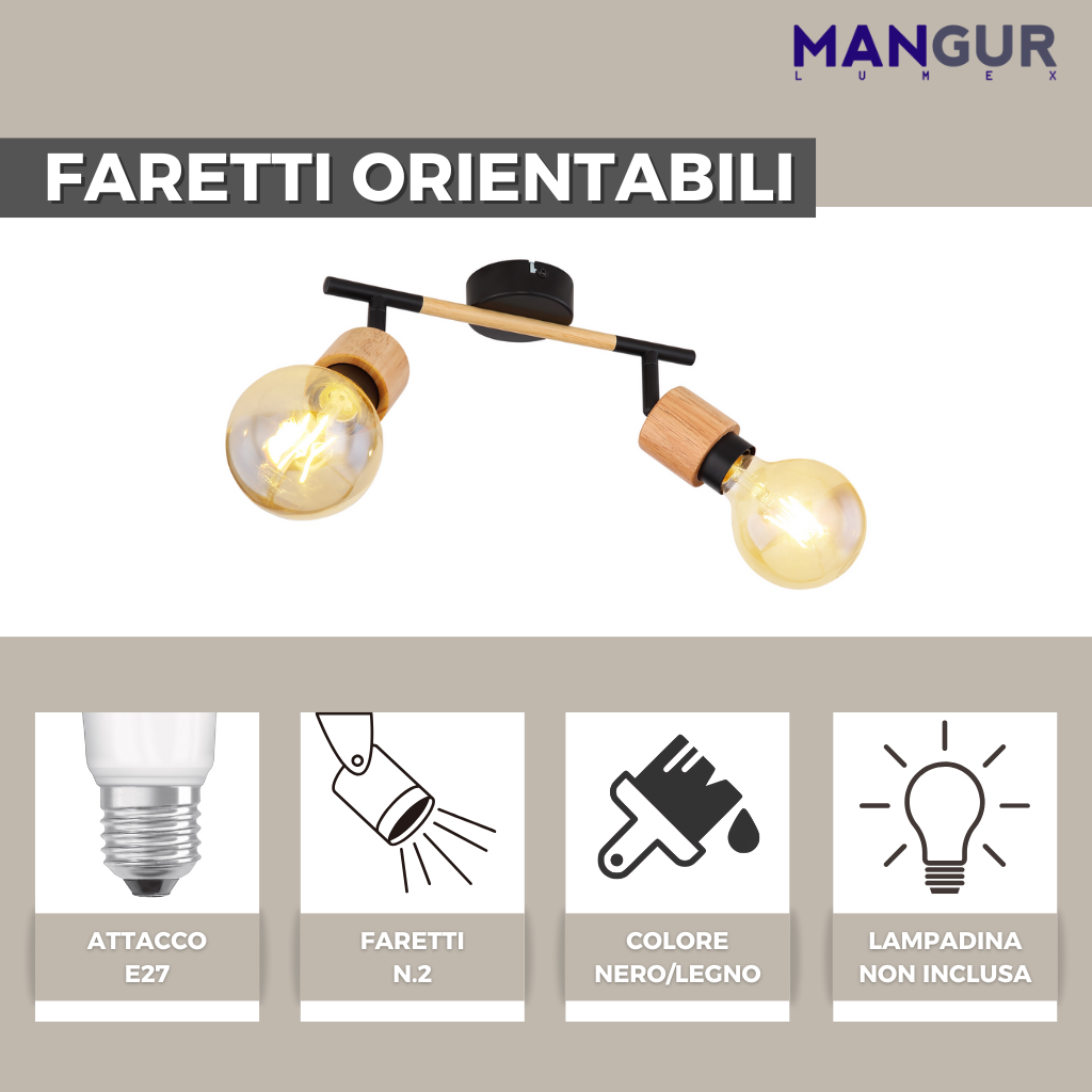 Barra 2 Faretti Orientabili Attacco E27 Fino a 40w - Lampadine non incluse - Nero/Legno