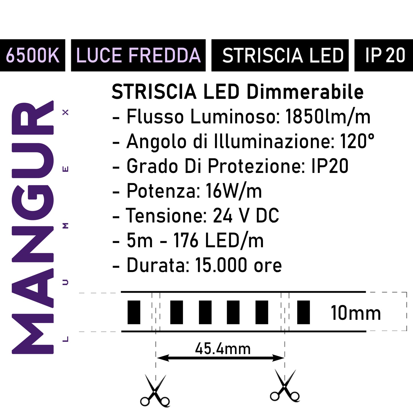 Striscia LED Dimmerabile, Luce Fredda 6500k, Flusso luminoso 1850 Lumen/mt - 176 LED/m 880 led, 80W