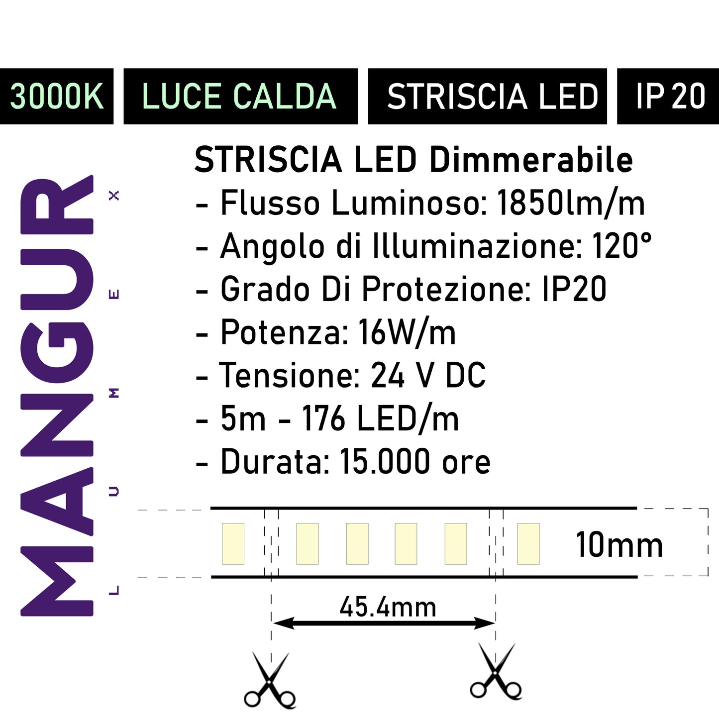 Striscia LED Dimmerabile, Luce Calda 3000k, Flusso luminoso 1850 Lumen/mt - 176 LED/m 880 led, 80W