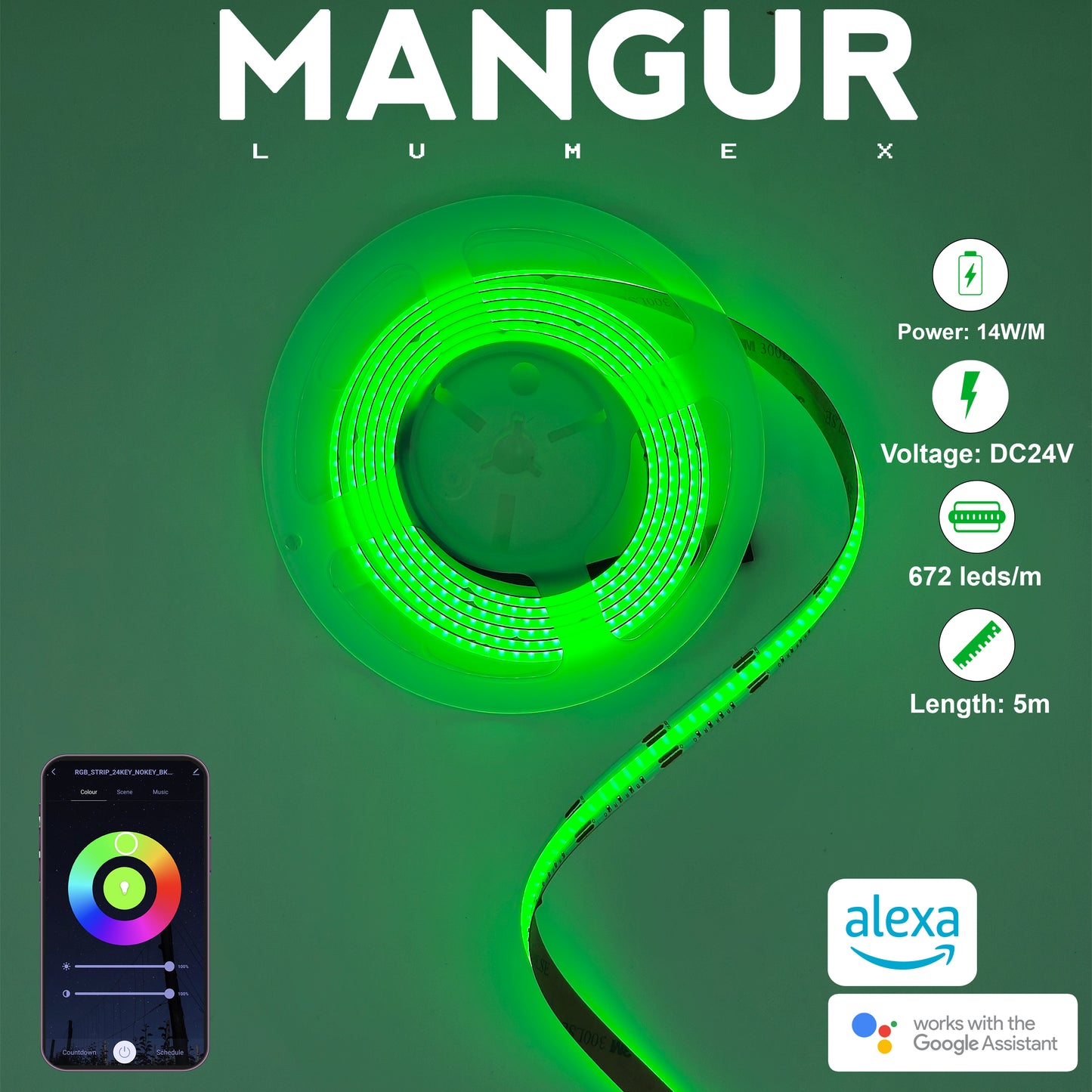 Striscia LED RGB COB 5M, 672 LED/M, 24V Smart, Dimmerabile e Compatibile con Alexa