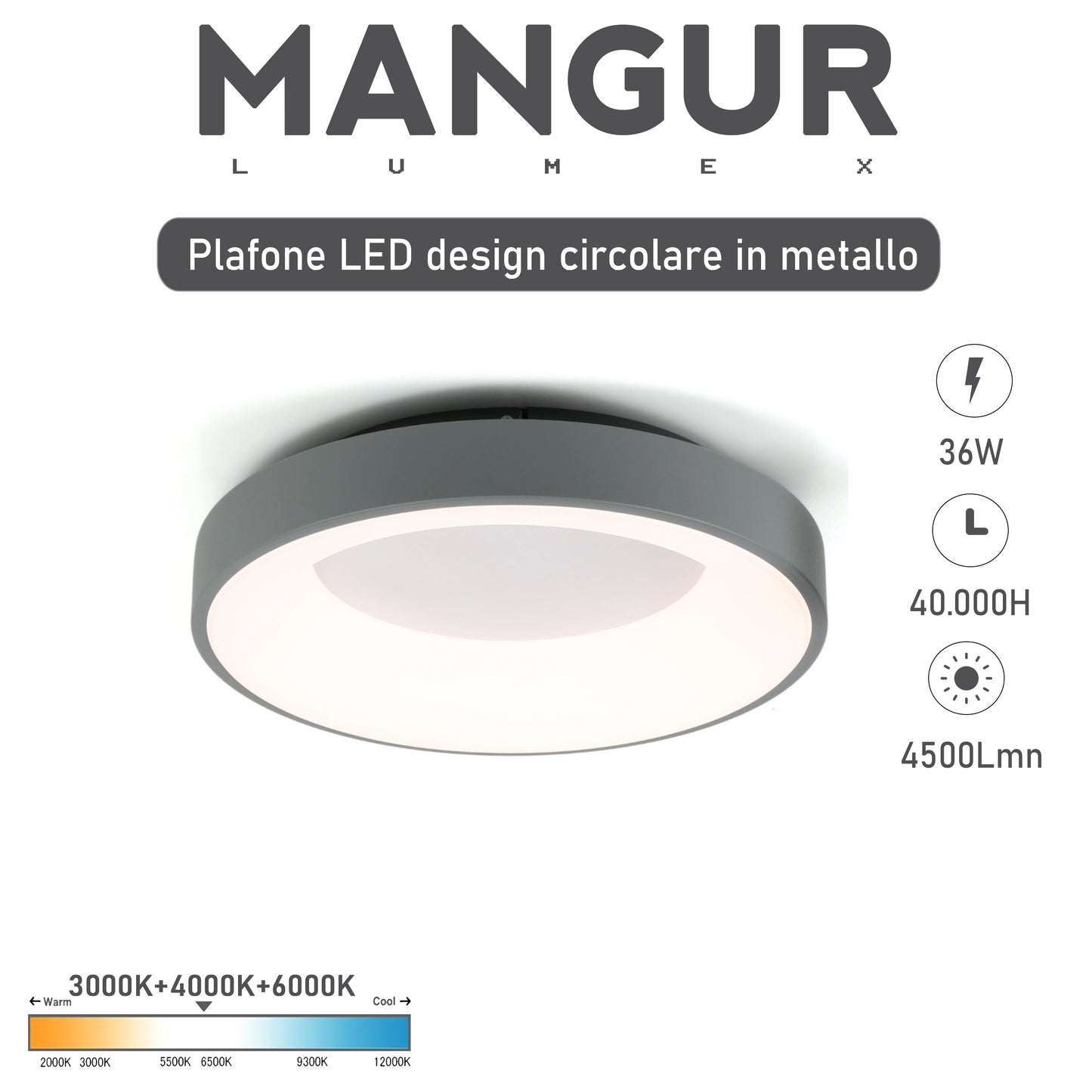 Plafoniera LED Circolare CCT 3000k-4000k-6000k 36W 4500LM Ø40