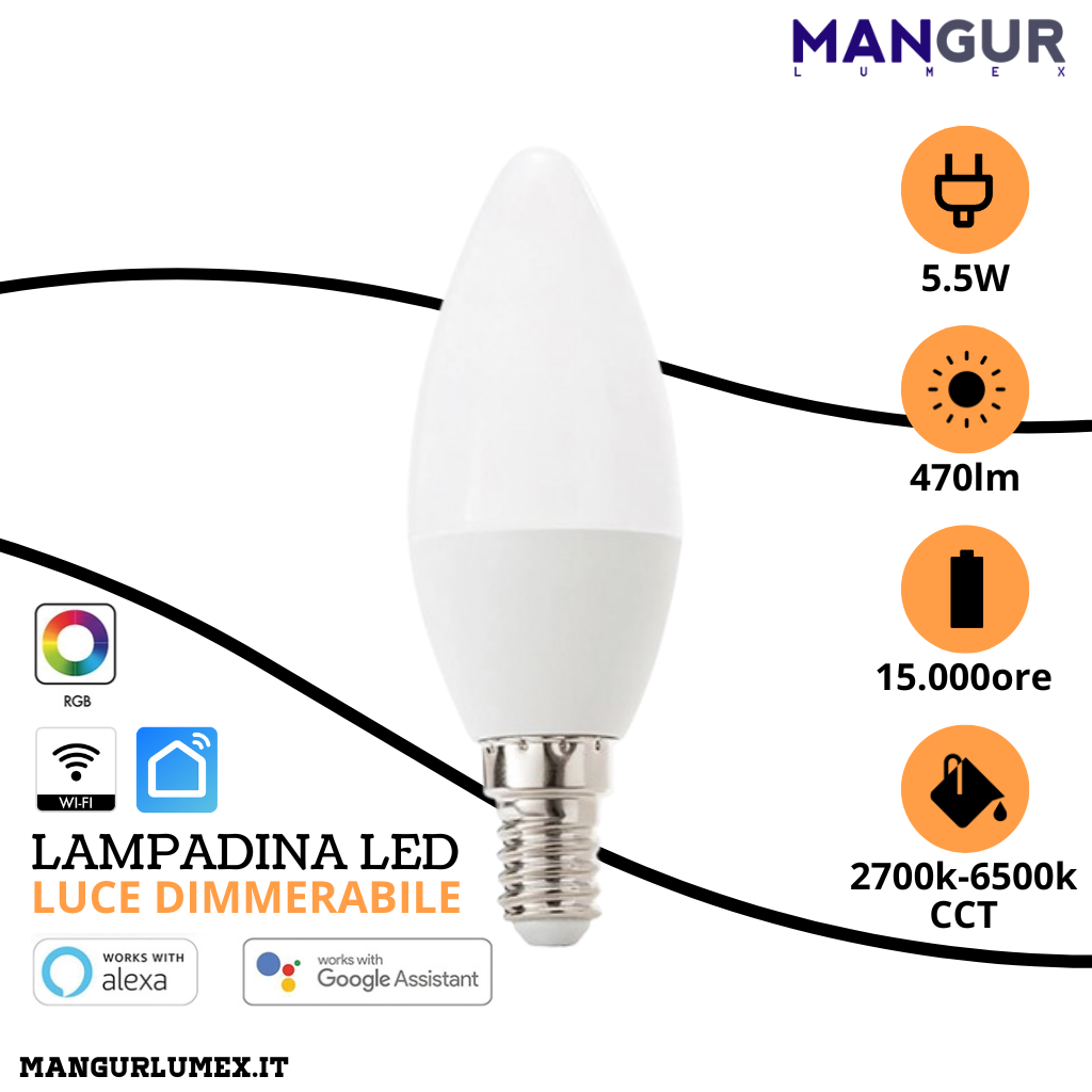 Lampadina Led Oliva WI-FI E14 5,5w=40w 470 Lumen RGB 2700k-6500k Dimmerabile