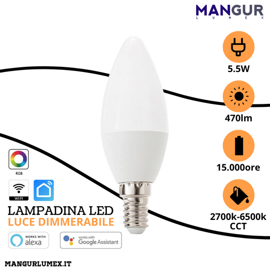 Lampadina Led Oliva WI-FI E14 5,5w=40w 470 Lumen RGB 2700k-6500k Dimmerabile