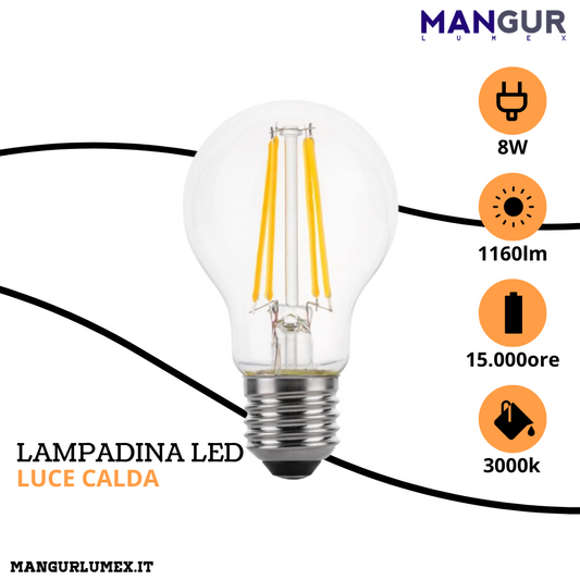 Lampadina Led Filamento Goccia E27 8w=75w 1160 Lumen 3000k Luce Calda Ø60x108 mm