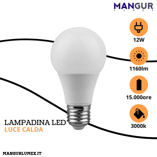 Lampadina Led Goccia E27 12w=81w 1160 Lumen 3000k Luce Calda Ø 60x110 mm