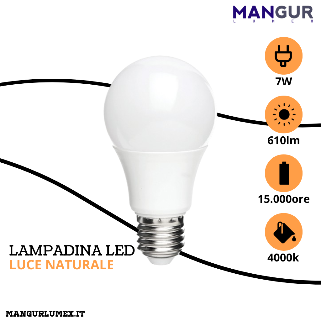 Lampadina Led Goccia E27 7w=48w 610 Lumen 4000k Luce Naturale Ø 60x108 mm