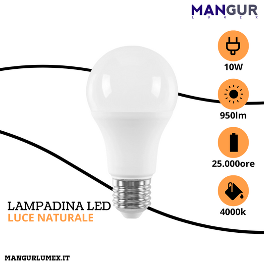 Lampadina Led Goccia E27 10w=60w 950 Lumen 4000k Luce Naturale Ø 60x118 mm Dimmerabile