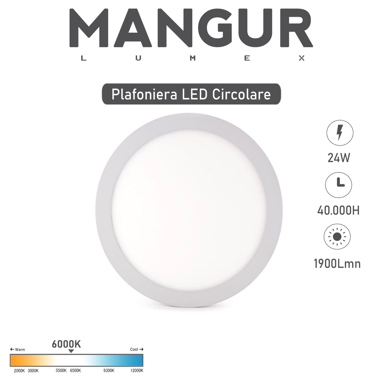 Plafoniera LED Circolare 6000k Luce Fredda 24W 1900LM Ø29,5