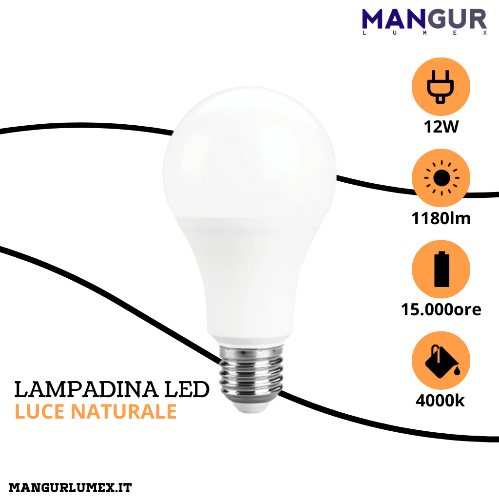 Lampadina Led Goccia E27 12w=82w 1180 Lumen 4000k Luce Naturale Ø 60x110 mm
