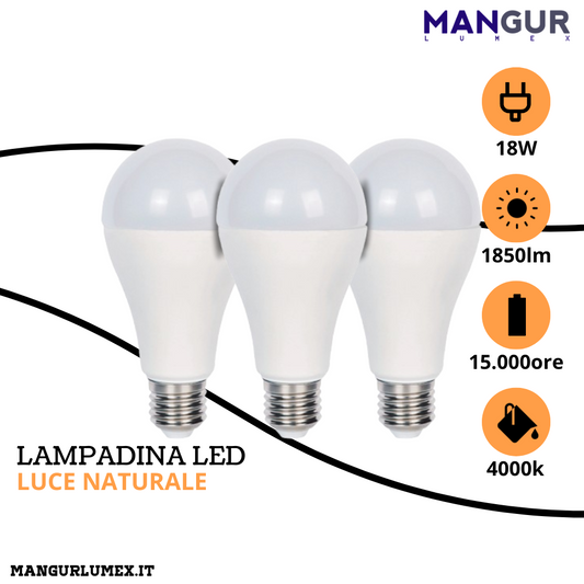 3 Lampadine Led Goccia E27 18w=112w 1850 Lumen 4000k Luce Naturale Ø 65x134 mm