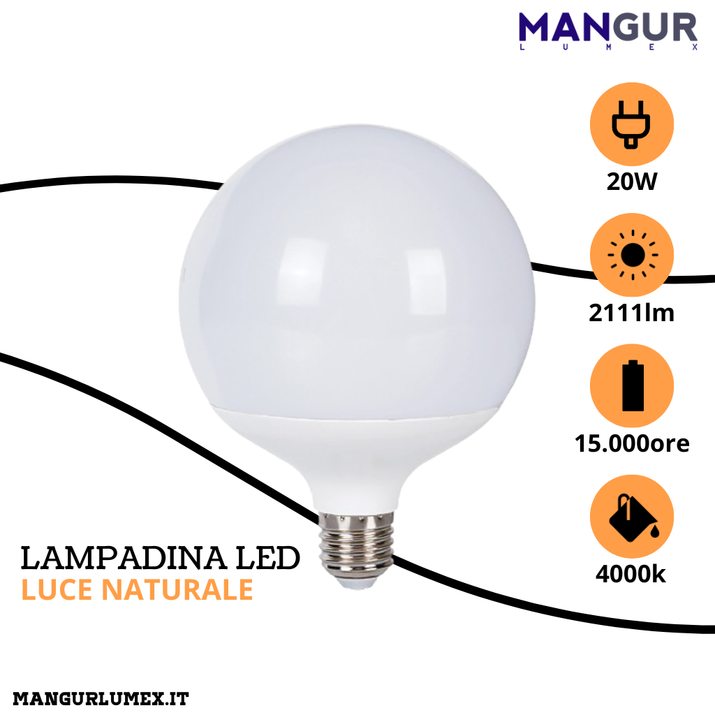 Lampadina Led Globo E27 20w=132w 2111 Lumen 4000k Luce Naturale Ø 120x164 mm