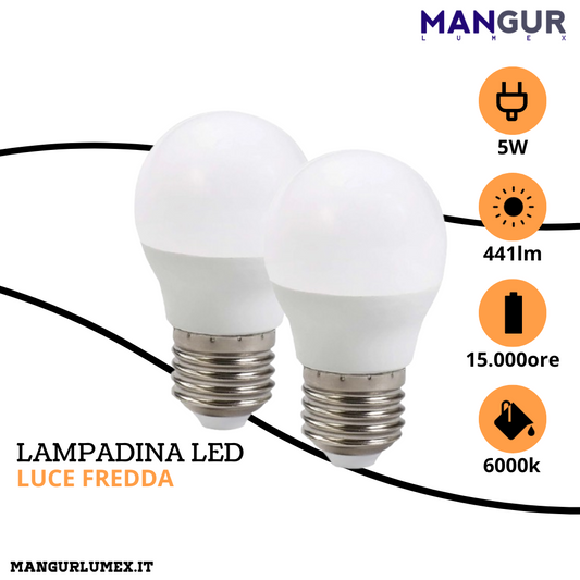 2 Lampadine Led Sfera E27 5w=40w 441 Lumen 6000k Luce Fredda Ø 45x80 mm
