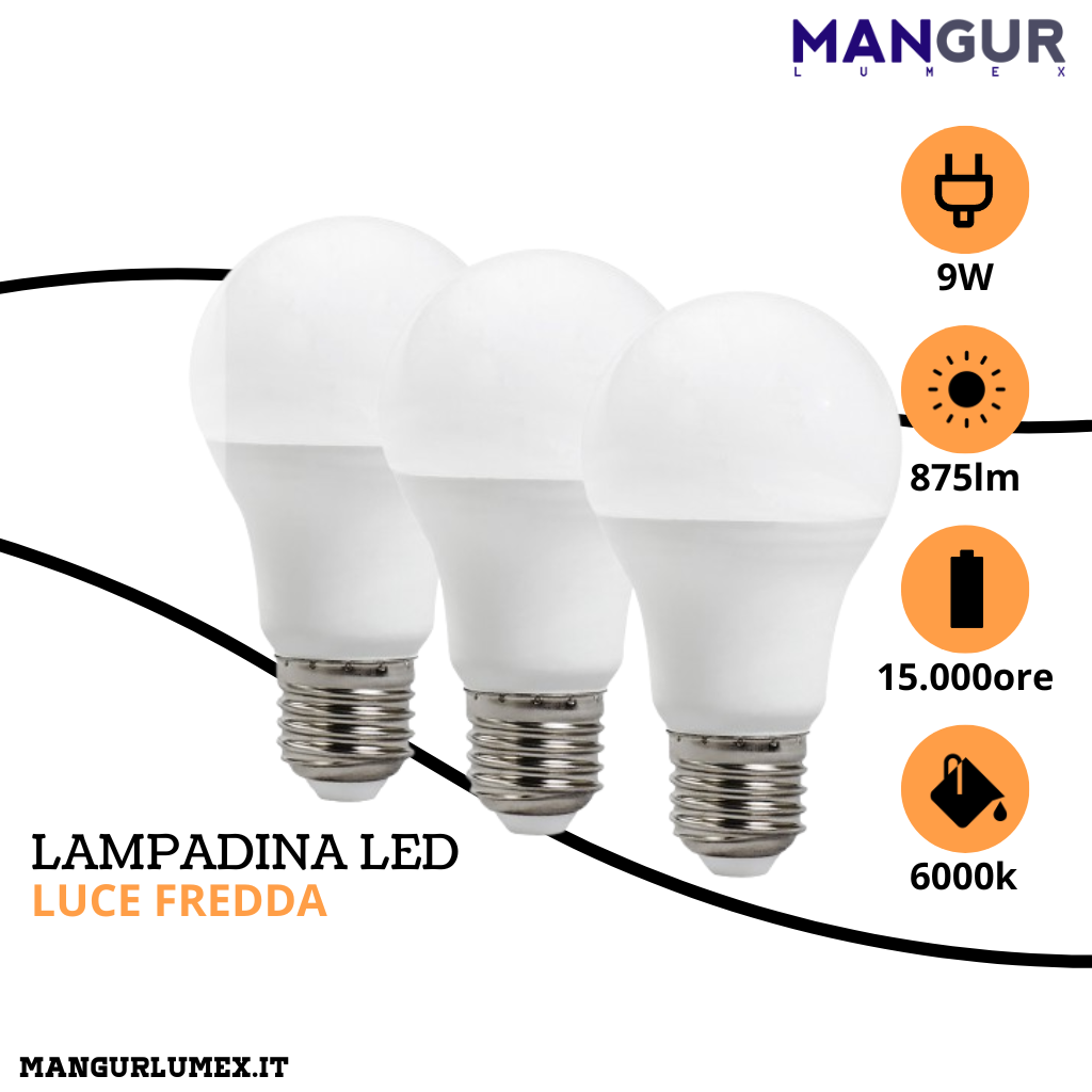 3 Lampadine Led Goccia E27 9w=66w 875 Lumen 6000k Luce Fredda Ø 60x110 mm