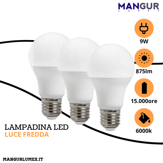 3 Lampadine Led Goccia E27 9w=66w 875 Lumen 6000k Luce Fredda Ø 60x110 mm