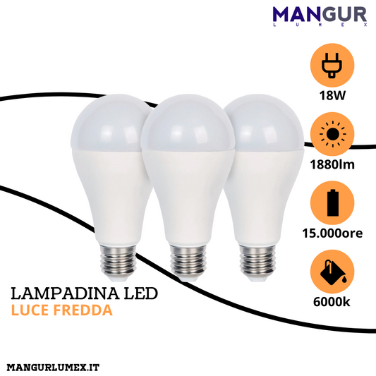 3 Lampadine Led Goccia E27 18w=115w 1880 Lumen 6000k Luce Fredda Ø 65x134 mm