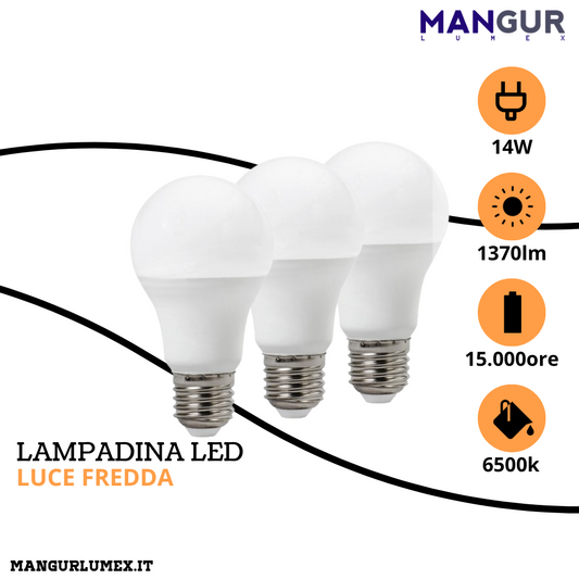 3 Lampadine Led Goccia E27 14w=108w 1370 Lumen 6500k Luce Fredda Ø 65x126 mm