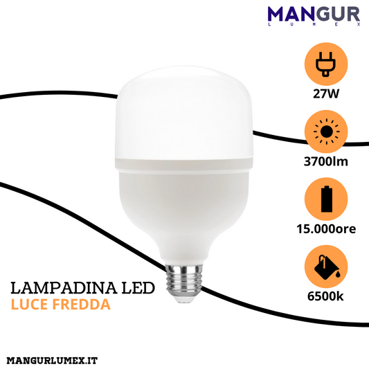 Lampadina Led E27 27w 3700 Lumen 6500k Luce Fredda Ø 100x168 mm