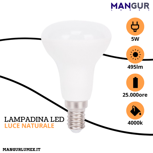 Lampadina Led E14 5w=42w 495 Lumen 4000k Luce Naturale Ø 50x83 mm